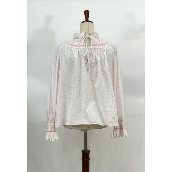 HUNTER BELL Sz M Medium Pink White Dot Smocked Hayes Blouse Shirt - Picture 6 of 10